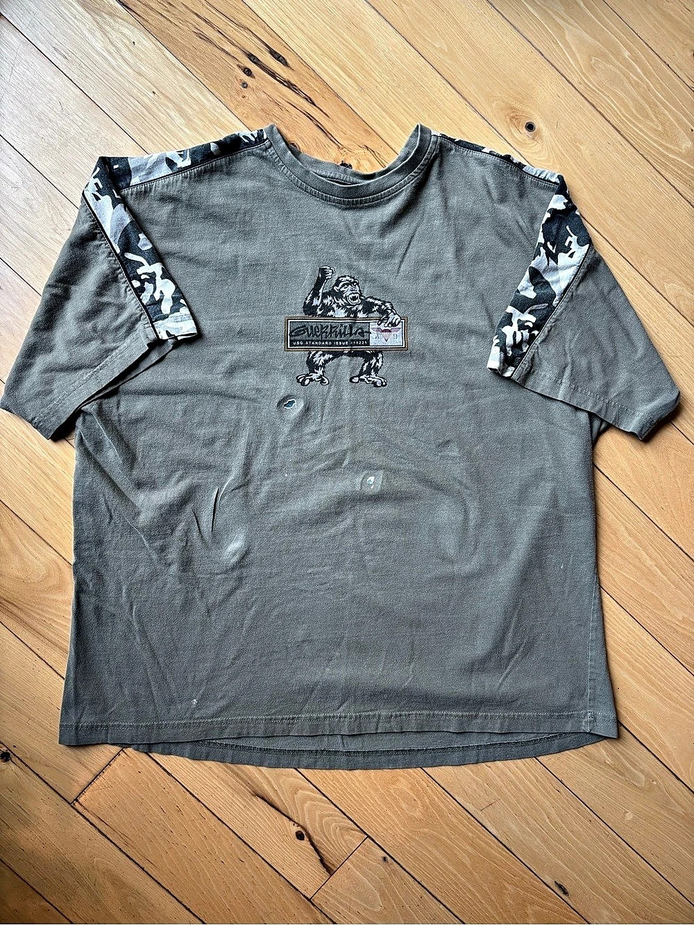 Vintage 90s Grunge Distressed-Thrashed Guerrilla Tshirt Green Khaki and Camo